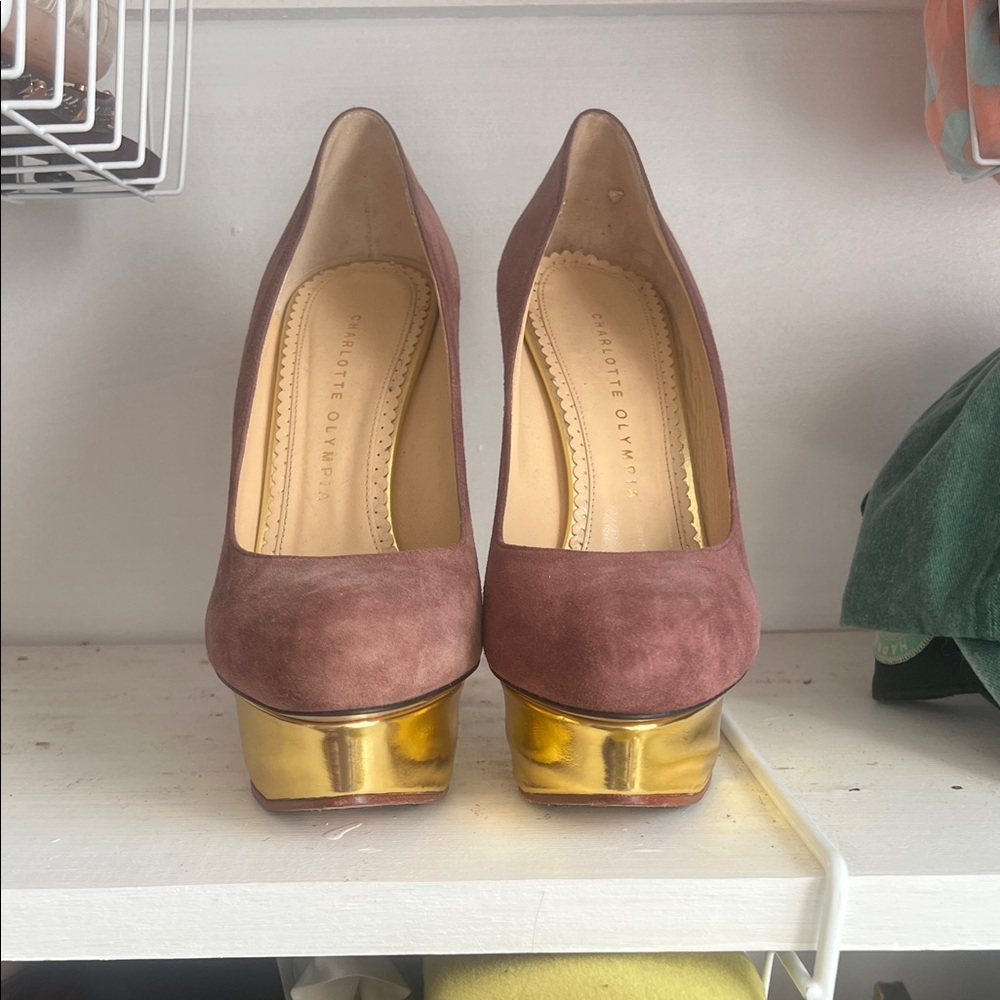 Charlotte Olympia Suede Heels with Gold Platform